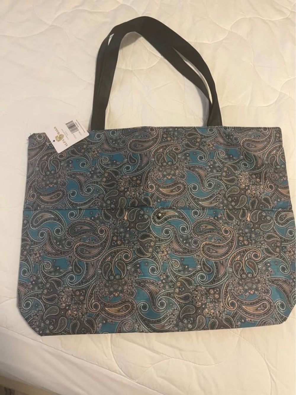 New With Tags Alpha Bags Teal Paisley Tote with front snap pocket
